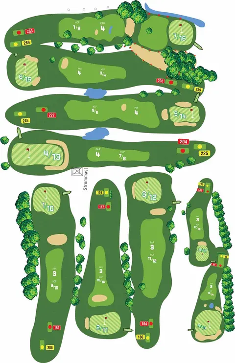 Lageplan aller neun Bahnen des Golfplatzes Mahlow mit Grüns, Bunkern, Wasserhindernissen und Abschlägen